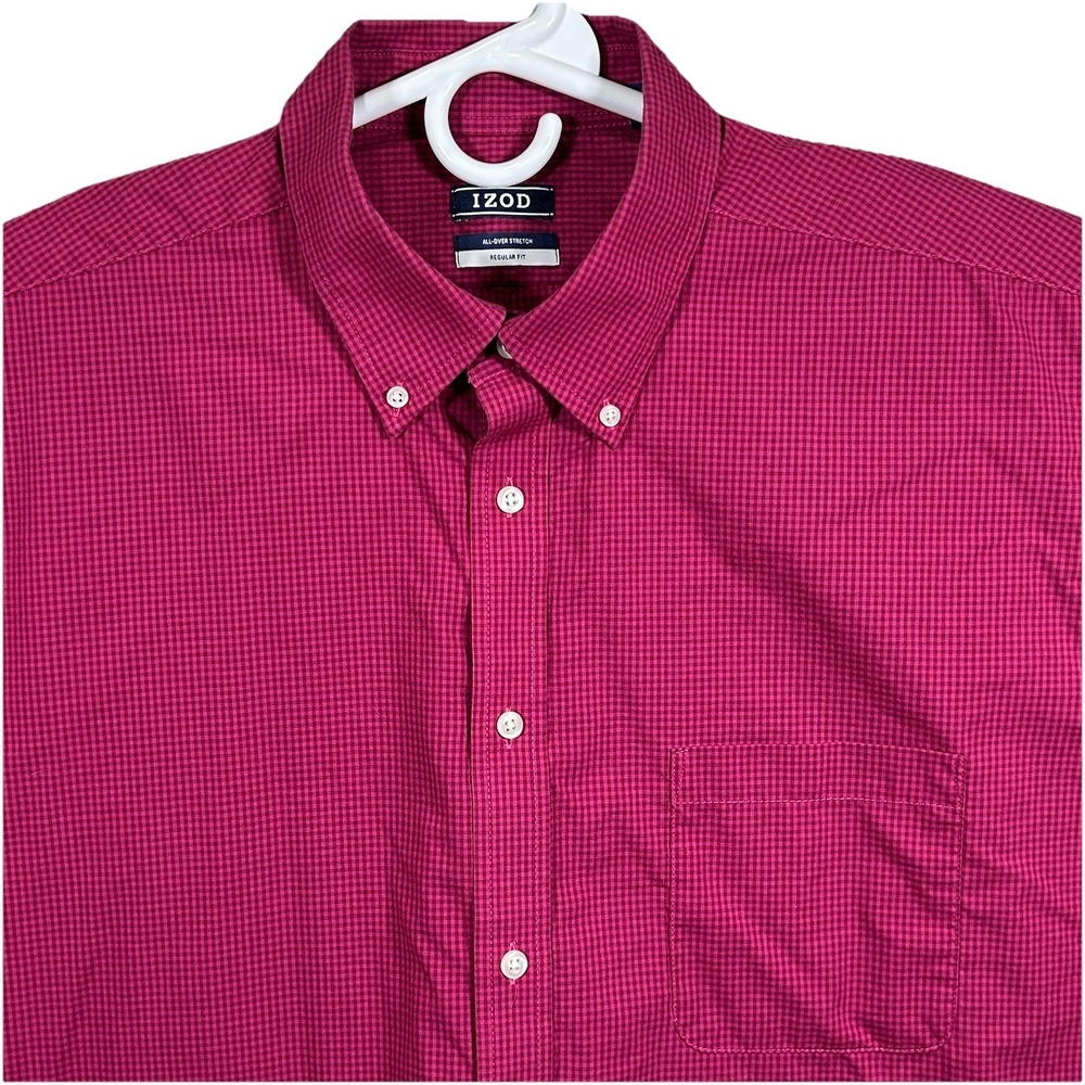 Izod Dress Shirt Men's XL 17-17.5 Red Check Plaid Stretch Reg Fit Long Sleeve